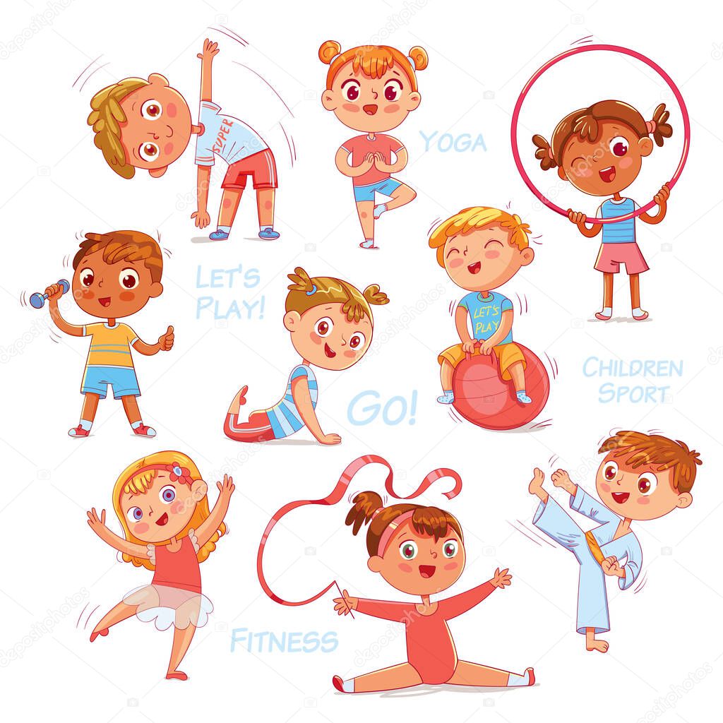 Sport for kids. Physical Training, Fitness, Karate, Yoga, Aerobics, Gymnastics, Dancing. Let's play. Hand drawn style vector design illustrations, funny cartoon character. Isolated on white background