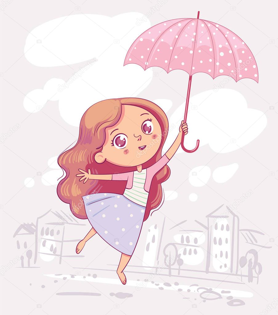 Girl with an umbrella walks through the old town. Spring mood. Romantic greeting card in pastel colors style. Dreamy young girl flies on an umbrella when the wind gust. Funny cartoon character