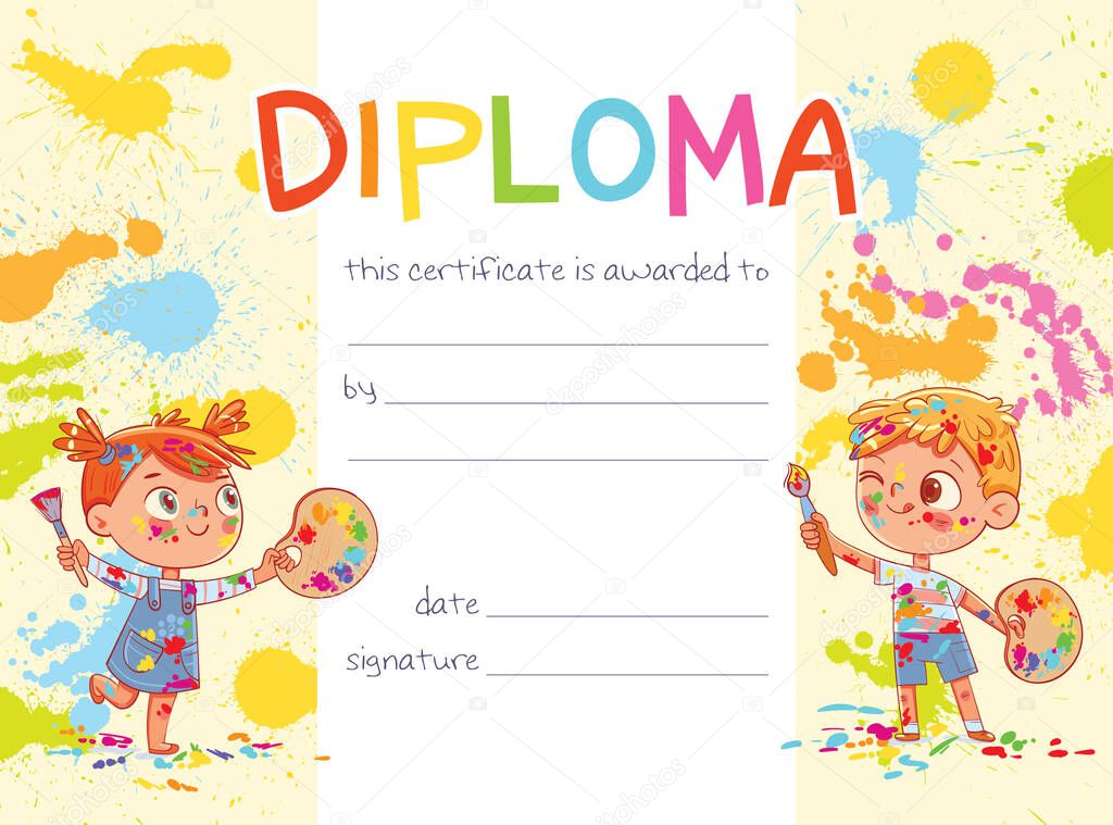 Template of Children Award Diploma. Kids artists paint an abstract picture together
