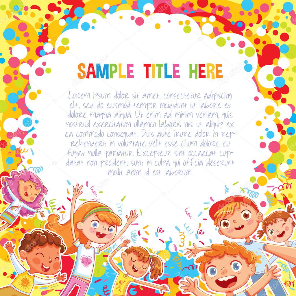 Promotional poster or banner template for a children's event. Advertising holiday template. Kids have fun jumping and dancing on confetti background. Kids party. Ready made design for a theme park