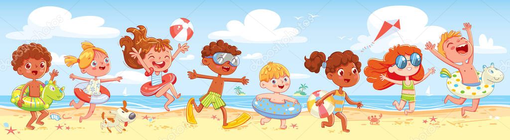 Children have fun running on the beach. Kid with inflatable rubber circle run to sea. Summer time. Seamless panorama of summer sea beach. Funny cartoon character. Vector illustration