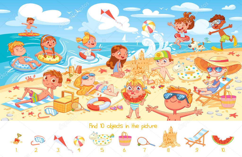 Find 10 objects in the picture. Puzzle Hidden Items. Group of kids having fun on beach. Child swimming with inflatable rubber circle and flippers, sunbathe on the beach, build sand castle. Funny cartoon character. Vector illustration