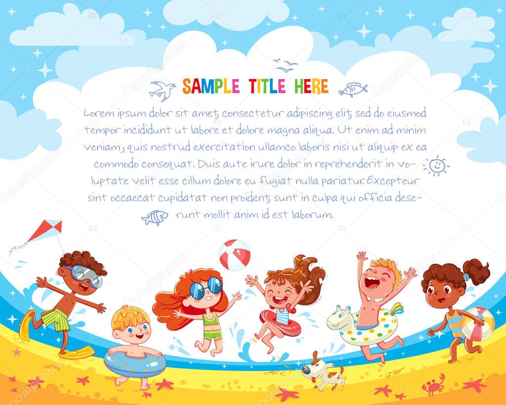 Kids have fun jumping on the beach. Template for advertising brochure. Ready for your message. Funny cartoon character. Vector illustration