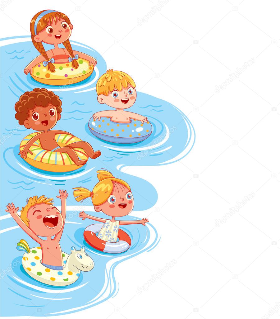 Children swim in a sea or a pool on lifebuoys and inflatable rubber circles. Page layout template for your design. Template for advertising brochure. Ready for your message. Funny cartoon character