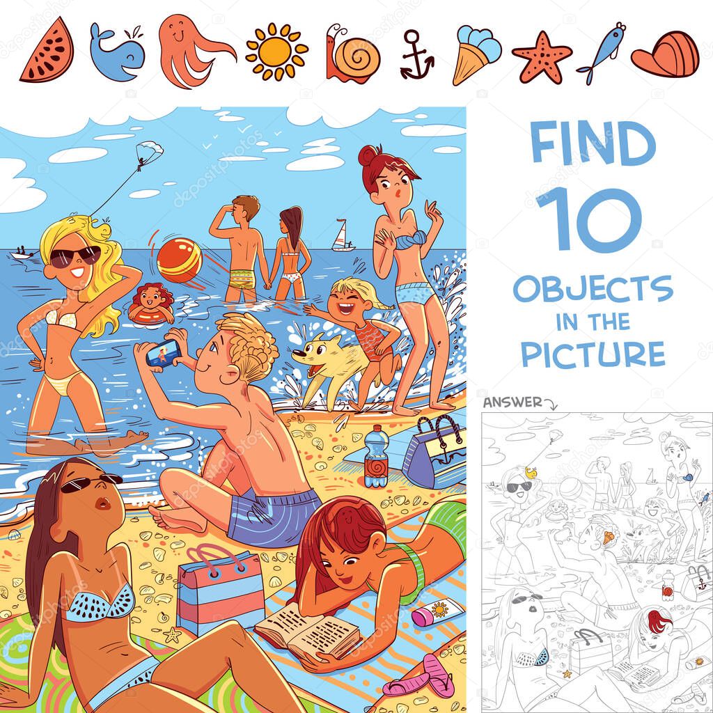 Find 10 objects in the picture. Puzzle Hidden Items. Young people relax on the beach. Funny cartoon character