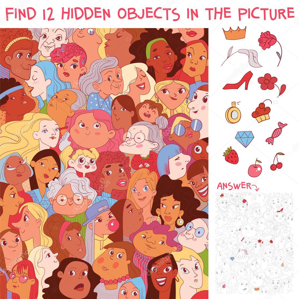 Variety women. Diverse female faces. International women's day. Find 12 hidden objects in the picture. Puzzle Hidden Items. Funny cartoon character. Vector illustration