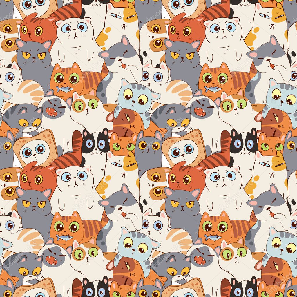 Seamless pattern with cats. Funny cartoon character. Vector illustration