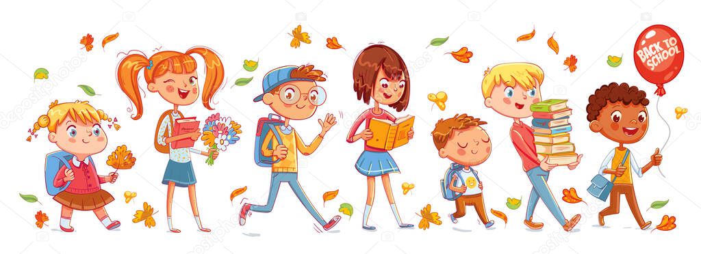 School time. Children go to school. Seamless panorama. Funny cartoon character. Vector illustration. Isolated on white background