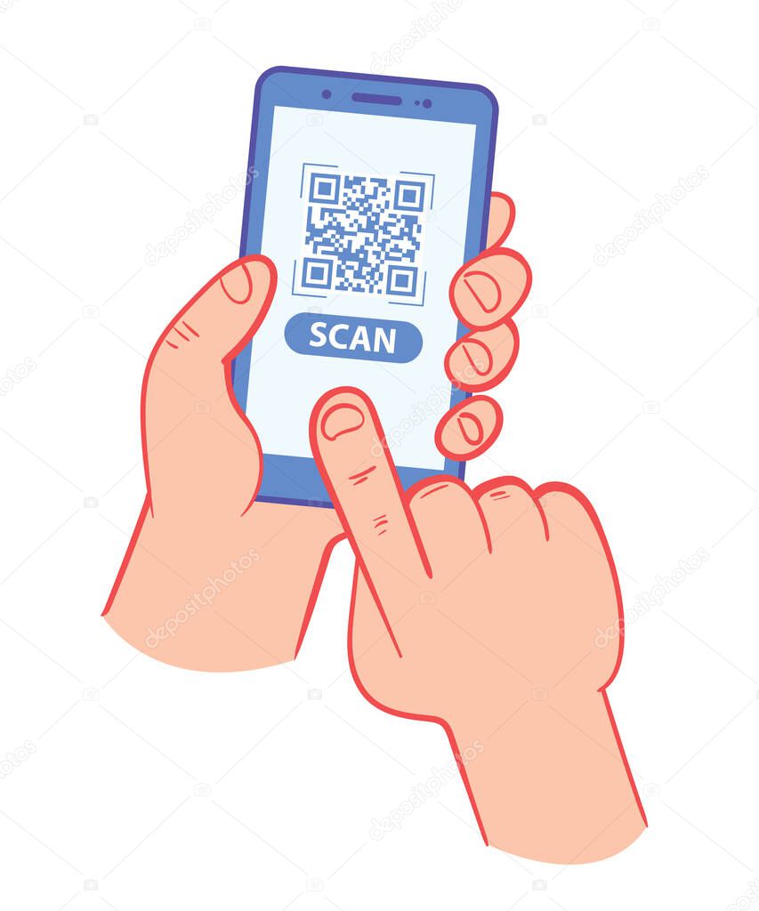 Scan QR code to Mobile Phone. Hand holding smartphone. Cartoon character. Vector illustration. Isolated on white background