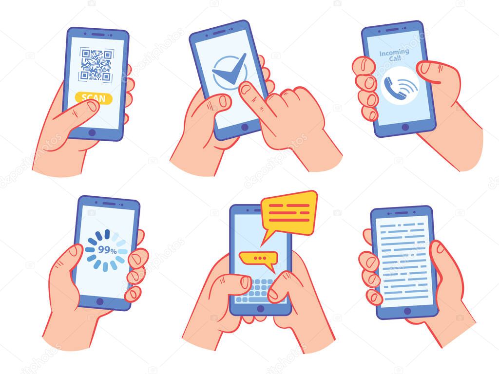 Hand holding smartphone with QR code, page load, online survey, internet voting, chatting, incoming call, screen reading, Internet access. Vector illustration. Isolated on white background