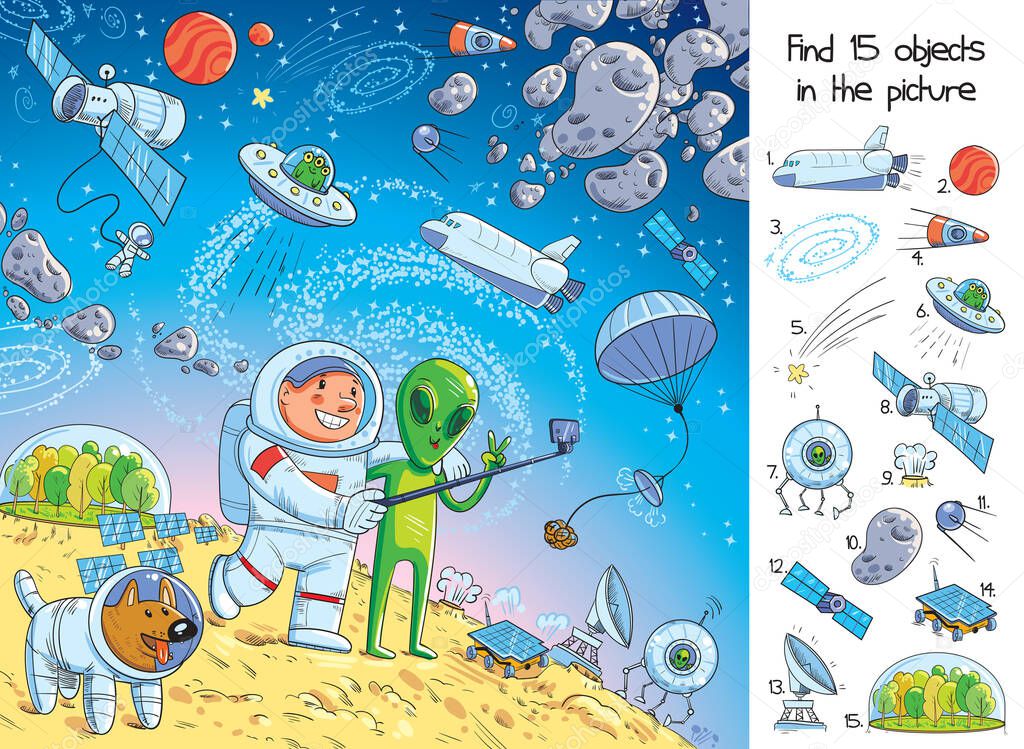 Space adventure. Astronaut makes selfie with an Alien on Mars. Shows peace sign. Find 15 objects in a picture. Interplanetary friendship. Intergalactic world. Puzzle Hidden Items. Cartoon illustration
