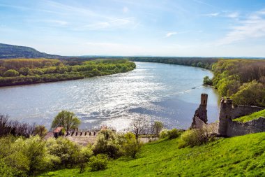 Tuna ve Morava Nehri, Slovakya-Devin kalenin birlikte. Yaz hava, mavi gökyüzü.