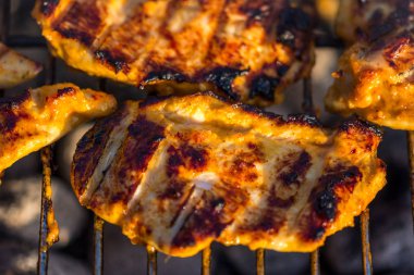 Sıcak ızgara tavuk göğsü biftek yer. Barbekü et yanıyor, yaz hava, mangal partisi arkadaş grubu