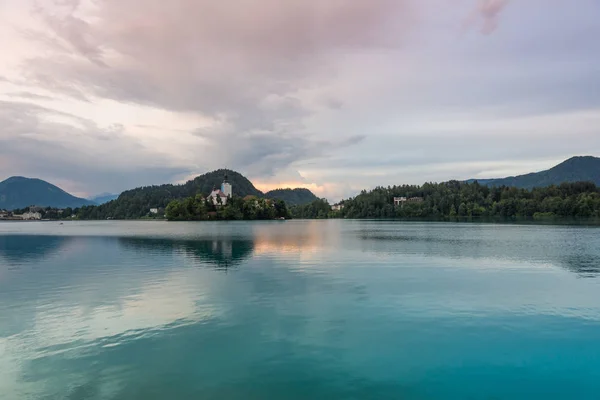 Bled Lake Island Church Blue Water Storm Clouds — Stock Photo, Image