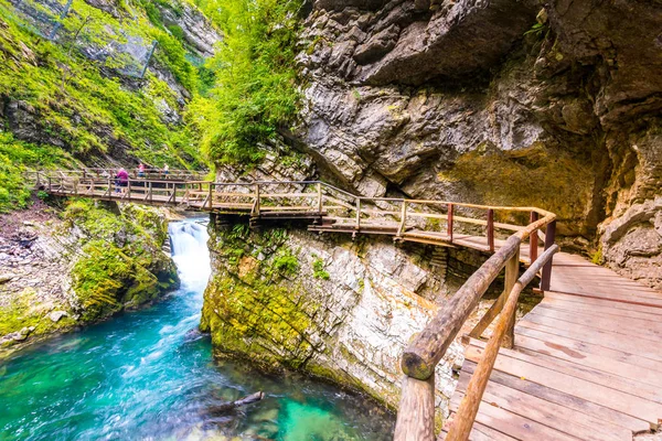 Vintgar Gorge Slovenien Floden Radovna Med Trästigar Och Bro Ovan — Stockfoto