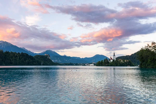 Puesta Sol Mágica Mística Sobre Lago Bled Eslovenia Hermosos Colores — Foto de Stock