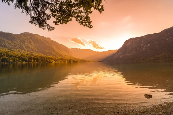 Puesta Sol Sobre Lago Bohinj Eslovenia Color Mágico Tarde Del — Foto de Stock