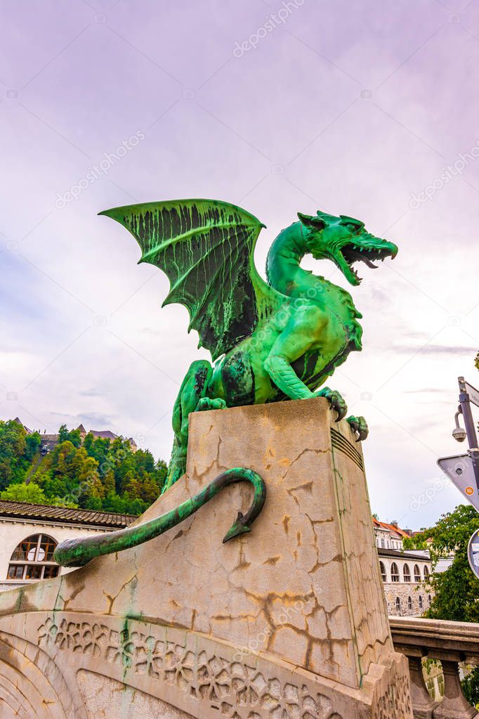 Dragon statue on Ljubljana bridge. Ancient dragon statue as guardian symbol of Ljubljana city, Slovenia capital