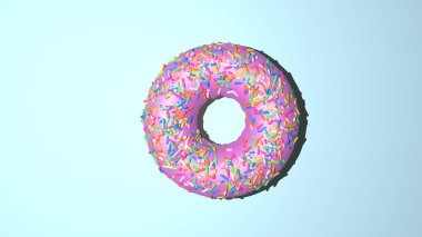 Çörek render üstten görünüm. Çörek üstündeki pembe krem ve gökkuşağı sprinkles ile.