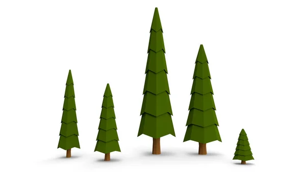 Set of low poly trees pine isolated on white background. 3D nature tree model with shadow on white desk. Useable on landscape environment model or nature art. 3D render.