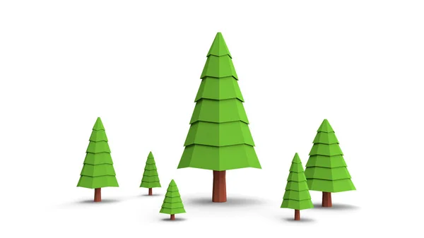 Set of low poly trees pine isolated on white background. 3D nature tree model with shadow on white desk. Useable on landscape environment model or nature art. 3D render.