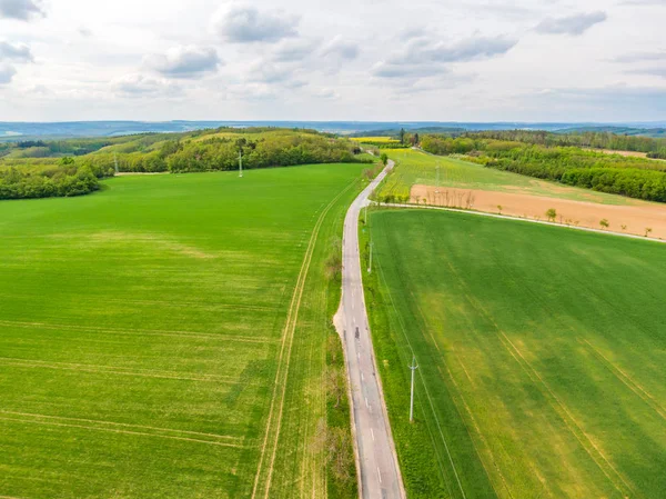 Aerial view of agriculture fields, meadow and road inside. Rural scene of countryside. Fresh green colors, look to above tree. Day on spring after rain — Stock Photo, Image