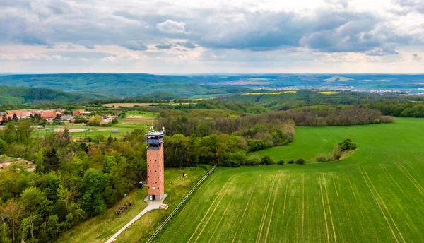 Aerial shot of lookout tower in Hlina village, czech republic. Wooden building has name of \