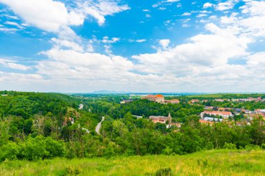 Dolni Kounice şehrinin yakınındaki tepeden panoramik manzara. Dolni Kounice Şatosu ve Rosa Coeli Manastırı 'nın eski harabeleri. Arkadaki Palava tepeleri.