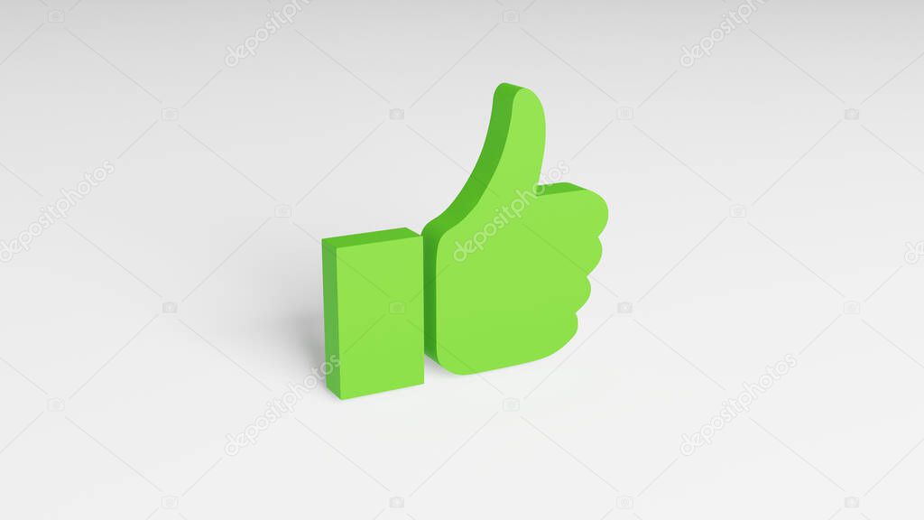 Green thumb up symbol is placed on white desk. Gesture of agreement, 3D render.