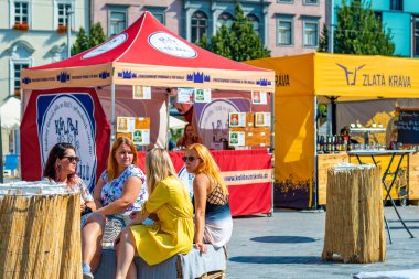Brno, Çek Cumhuriyeti - 12.9.2020: İnsanlar Çek Cumhuriyeti 'nin Brno kentindeki bira kutlama festivalini ziyaret ediyorlar. Bira ve sokak pazarından lezzetli yiyecekler. Yaz partisi kutlaması.