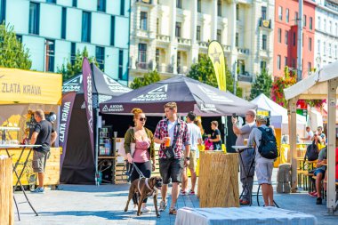 Brno, Çek Cumhuriyeti - 12.9.2020: İnsanlar Çek Cumhuriyeti 'nin Brno kentindeki bira kutlama festivalini ziyaret ediyorlar. Bira ve sokak pazarından lezzetli yiyecekler. Yaz partisi kutlaması.