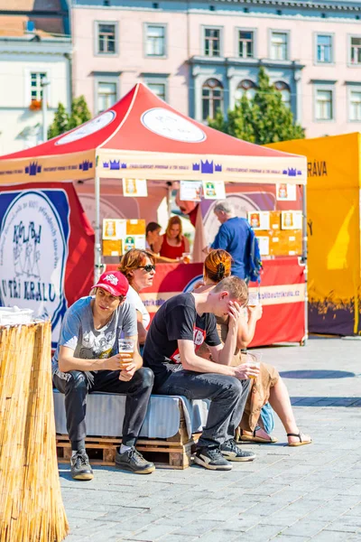 Brno, Çek Cumhuriyeti - 12.9.2020: İnsanlar Çek Cumhuriyeti 'nin Brno kentindeki bira kutlama festivalini ziyaret ediyorlar. Bira ve sokak pazarından lezzetli yiyecekler. Yaz partisi kutlaması.