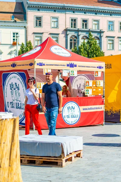 Brno, Çek Cumhuriyeti - 12.9.2020: İnsanlar Çek Cumhuriyeti 'nin Brno kentindeki bira kutlama festivalini ziyaret ediyorlar. Bira ve sokak pazarından lezzetli yiyecekler. Yaz partisi kutlaması.