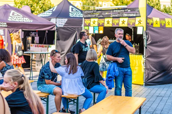 Brno, Çek Cumhuriyeti - 12.9.2020: İnsanlar Çek Cumhuriyeti 'nin Brno kentindeki bira kutlama festivalini ziyaret ediyorlar. Bira ve sokak pazarından lezzetli yiyecekler. Yaz partisi kutlaması.