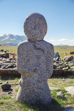 Mongolian Altai. Past civilizations. Turkic Stone Man. Turkic stone warrior (Kurgan stelae or Balbal). Mongolia, Bayan-Olgii Province, Altai Tavan Bogd National Park, near Khurgan Lake, Shar Bulag clipart
