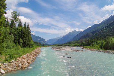 Dombay. Teberda Nehri'nin doğal manzarası. Doğa ve seyahat. Rusya, Kuzey Kafkasya, Karaçay-Çerkeza