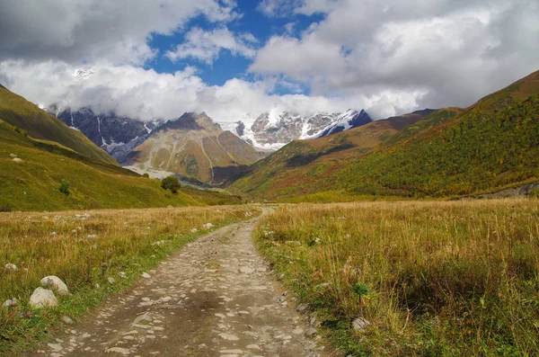 Podzimní Barvy Malebný Pohled Trek Ushguli Shkhara Ledovec Příroda Cestování — Stock fotografie