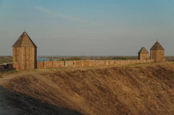 Azov Fortress on Don River at evening. Rampart and watchtowers. Russia, Rostov oblast, Azov