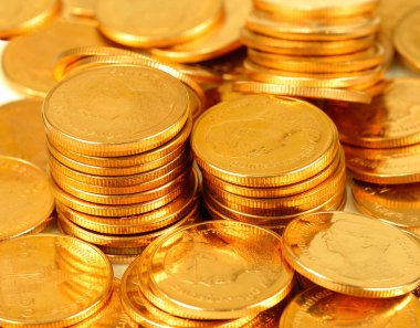 Altın para yığını kapat. Paralar arka plan