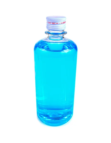 Blauwe Alcohol Fles Witte Achtergrond Bescherming Van Het Coronavirus — Stockfoto