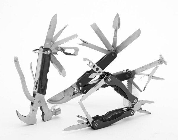 fully unfolded multitool isolated on white background