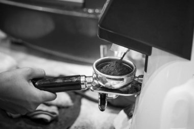 Bir kafede espresso yapmak için profesyonel kahve değirmeni makinesi.