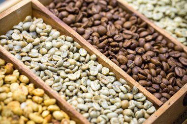 kahve çekirdekleri ile RAW için İtalyan kızartma kavurma çeşitli aşamalarında gösterilen