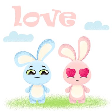 Beyaz arka plan baskı üzerinde iki sevimli tavşan karikatür .