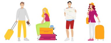 Set seyahat insanlar erkek ve kadın bavul bilet kartlı telefon. Tasarım için vektör illüstrasyon. Tasarım şablonu.