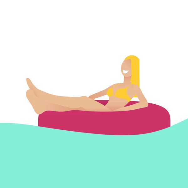 Eine Frau schwimmt auf schwimmenden Stränden im blauen Meer einen Platz für Ihren Schriftzug. Vektor-Illustration für Ihr Design. Designvorlage. — Stockvektor