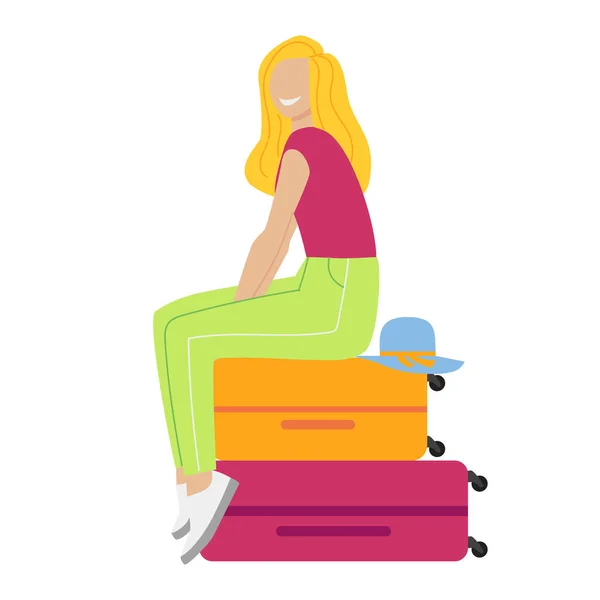 Mujer viajera sentada en maletas y esperando la salida. Viajar, vacaciones, aventura . — Vector de stock