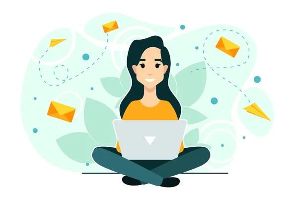 Kadın, laptop, sohbet. İş akışı işlemi. Sosyal ağ, performansın en iyi tahmini.