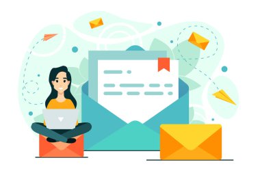 Kadın, posta, dizüstü bilgisayar, sohbet. İş akışı, yeni bir e-posta iletisi, postadaki bir bildirim.