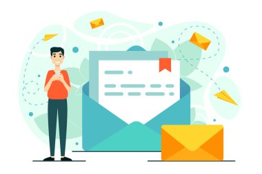 Adam, posta, telefon, sohbet. İş akışı, yeni bir e-posta iletisi, postadaki bir bildirim.